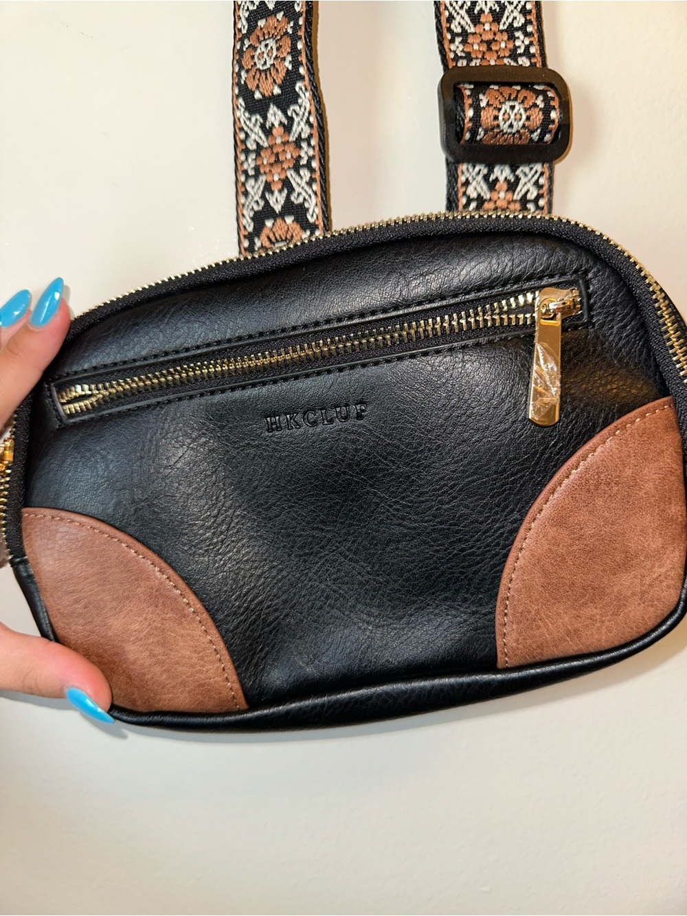 Black & Brown Crossbody Bag with Patterned Adjustable Strap